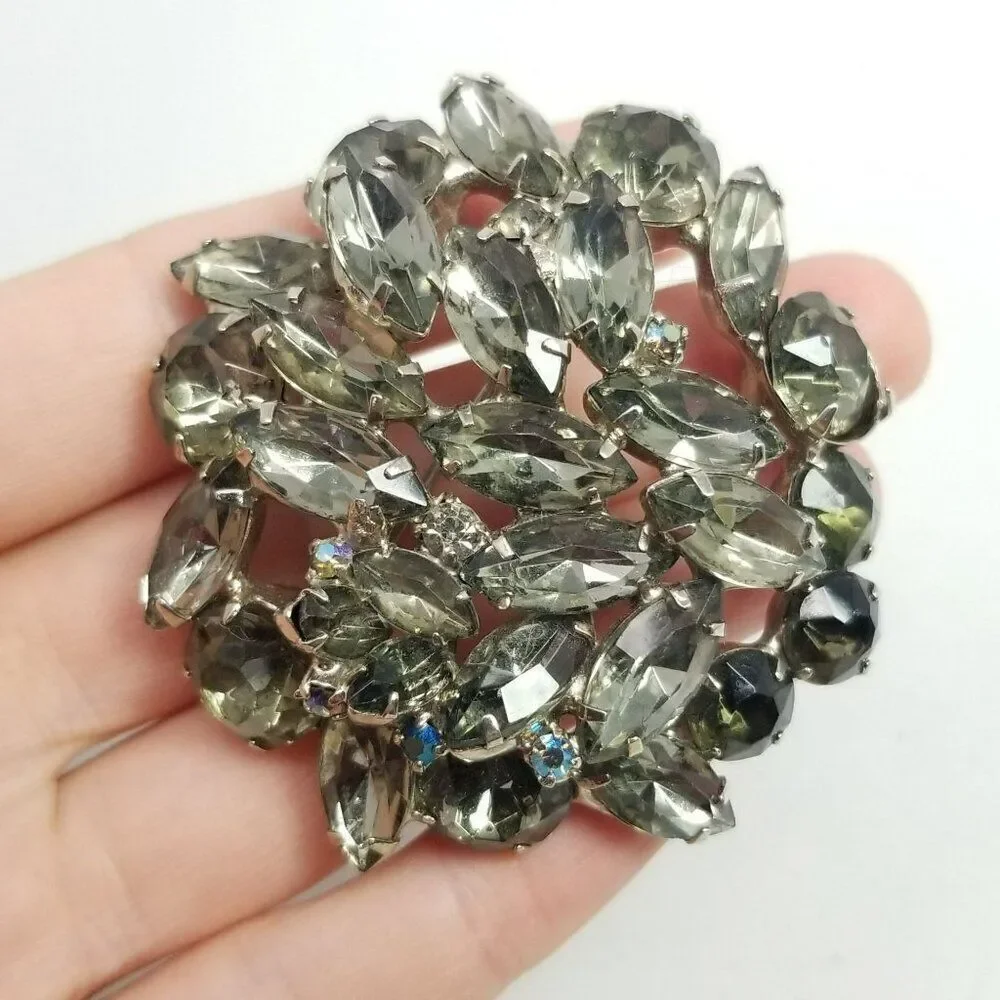 Vintage Gray Rhinestone Cluster Brooch, Marquise Shape, Silver Tone, 2 Inch - Picture 6 of 6